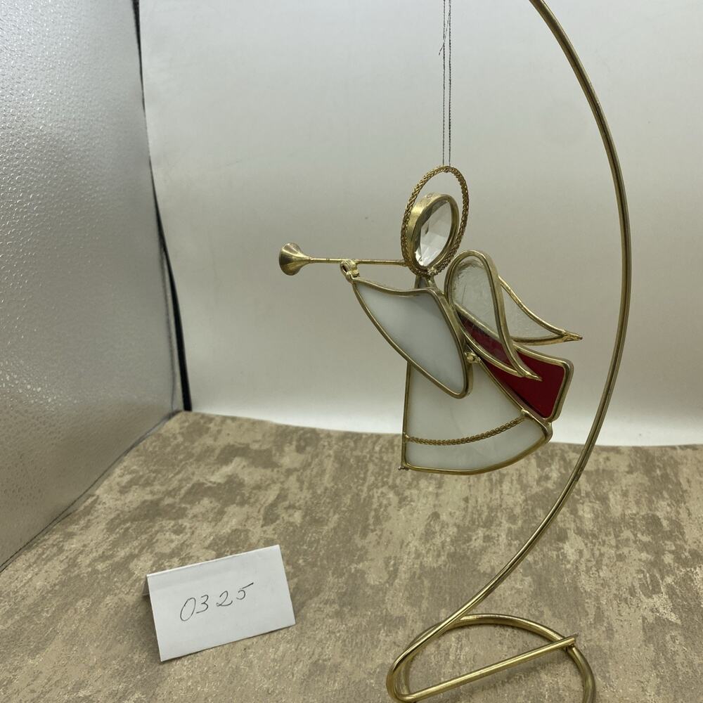 Beautiful Vintage Stained Glass Angel Playing Horn Window Hanging Suncatcher